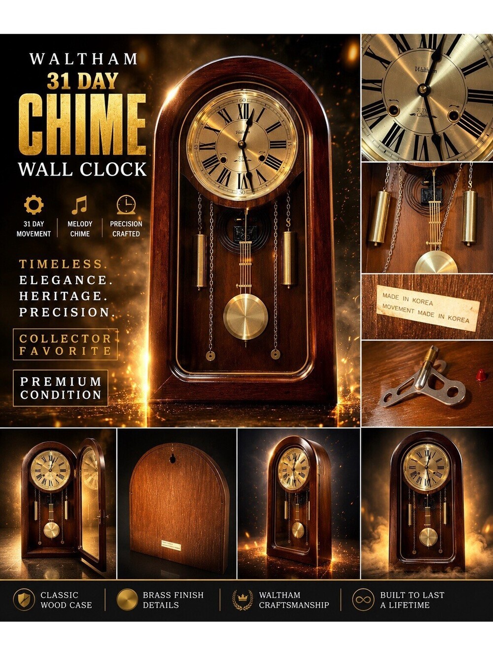 Waltham 31 Day Chime Wall Clock Driven Pendulum Works Key